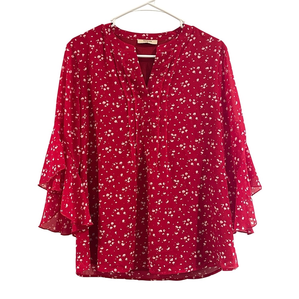 00106 - Timeson red white v neck blouse women's‎ M flutter 3/4 sleeve